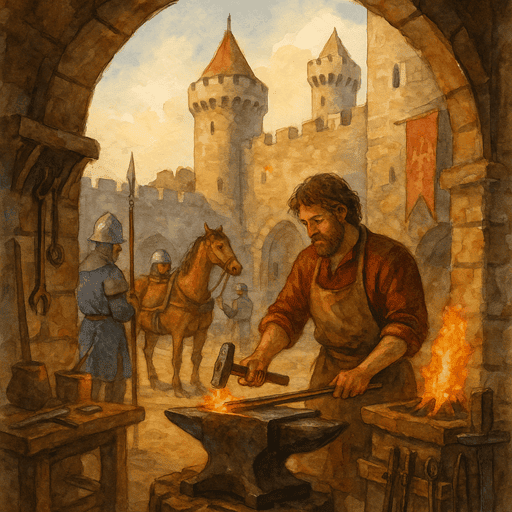 The Blacksmith and Armourer of a Medieval Castle - a medieval forge set inside a castle bailey