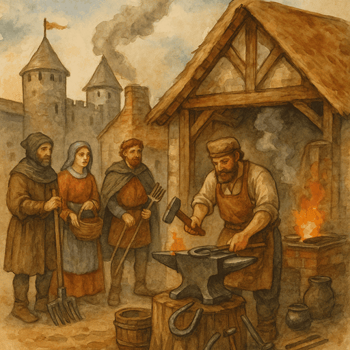 The Blacksmith and Armourer of a Medieval Castle - a blacksmith’s forge in a village outside castle walls