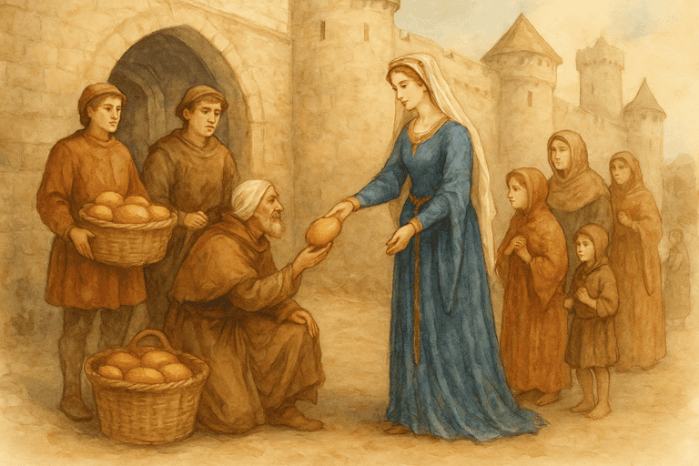 The Lady of the Castle: The lady distributing food and bread to peasants.