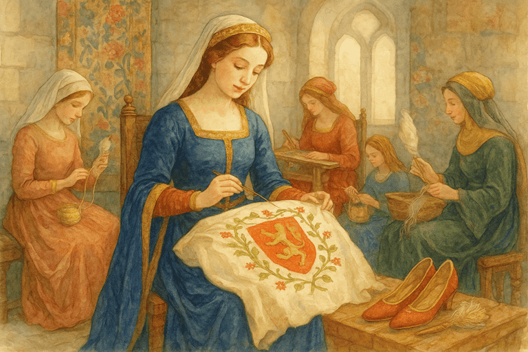 The Lady of the Castle: A lady embroidering heraldic designs with her ladies-in-waiting.