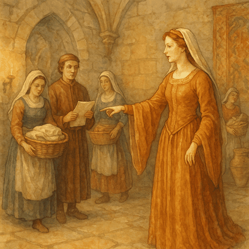 The Lady of the Castle: A lady directing servants with baskets and linens inside a stone hall.