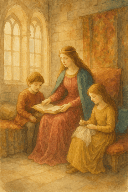 The Lady of the Castle: A noblewoman in a solar with children, teaching or reading.