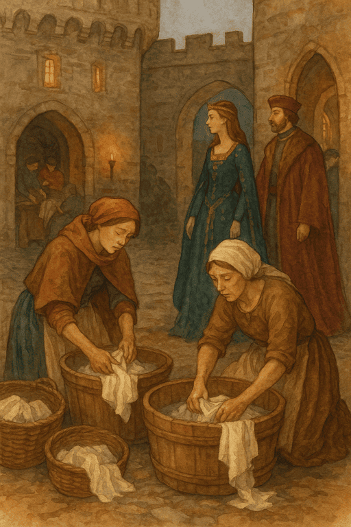 Washerwomen and Launderers in a Medieval Castle: Washerwomen working in the background while nobles pass by.