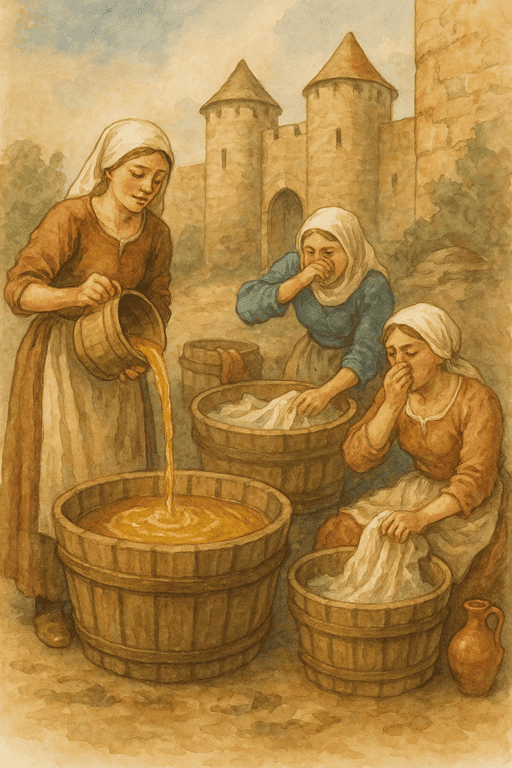 Washerwomen and Launderers in a Medieval Castle: Urine as detergent - The least glamorous side of laundering.