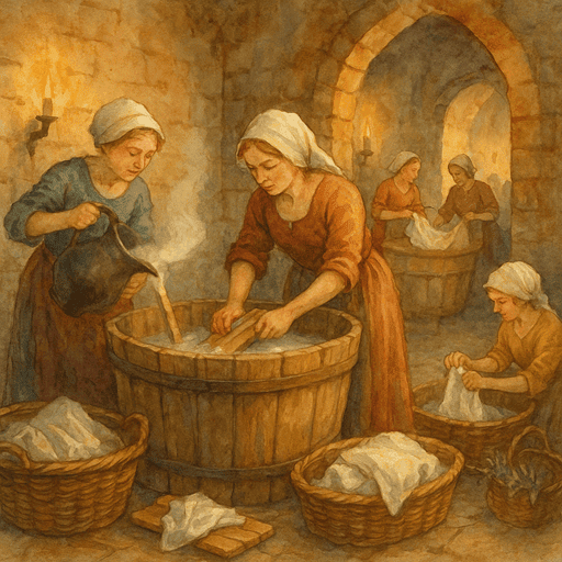 Washerwomen and Launderers in a Medieval Castle: Women working with wooden tubs.