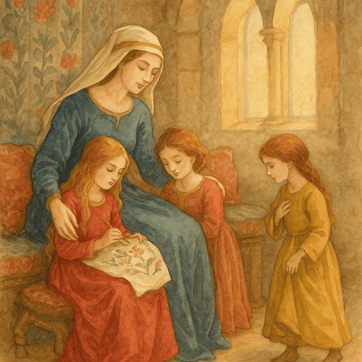 What Happened to the Children When Noble Marriages Fell Apart - A lady teaching her daughters embroidery and manners in a solar.
