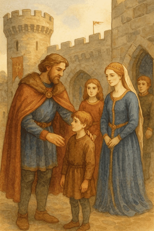 What Happened to the Children When Noble Marriages Fell Apart - A lord placing his hand on the shoulder of an illegitimate son, while the legitimate family looks on.
