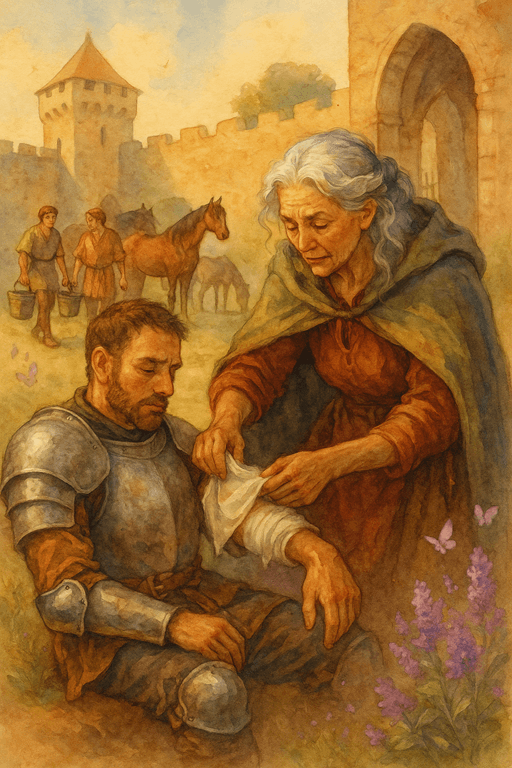 A medieval healer tending to a wounded guard in a castle courtyard.