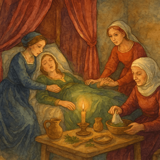 A medieval midwife attending a noblewoman in childbirth.