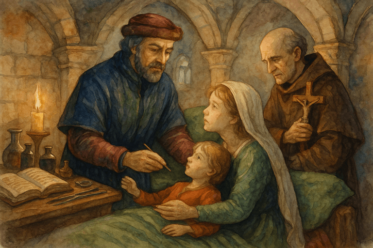 A medieval physician examining a noble child while a chaplain prays beside them with a crucifix.