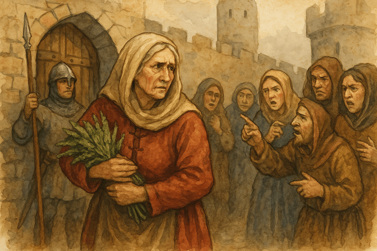 A medieval herbalist confronted by angry townsfolk outside a castle gate