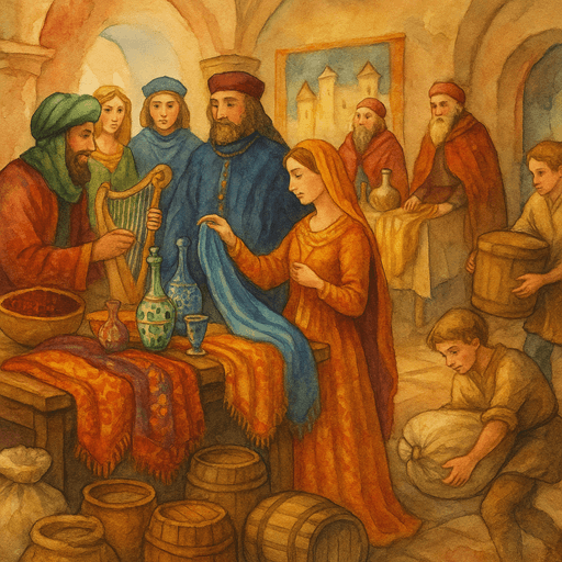 Medieval Merchants and Traders: merchants displaying wares in a castle hall