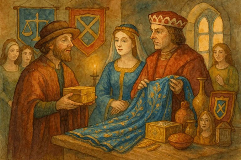 Medieval Merchants and Traders: a wealthy medieval merchant presenting fine goods to a noble lord and lady inside a solar