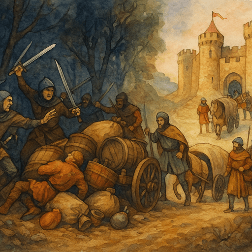 Medieval Merchants and Traders: merchants on a forest road ambushed by bandits