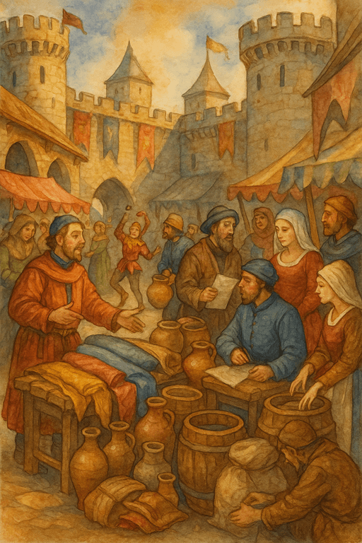 Medieval Merchants and Traders: a castle courtyard filled with merchants, peasants, and stewards haggling over goods