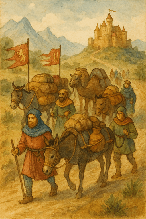 Medieval Merchants and Traders: a caravan of merchants traveling along a medieval trade route