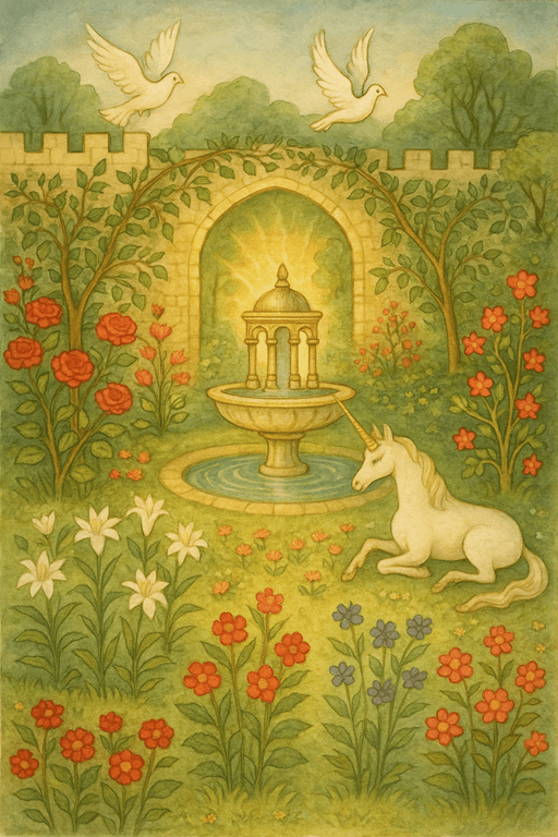 Medieval garden with a glowing fountain, unicorn, doves, and flowers representing virtues like love and purity