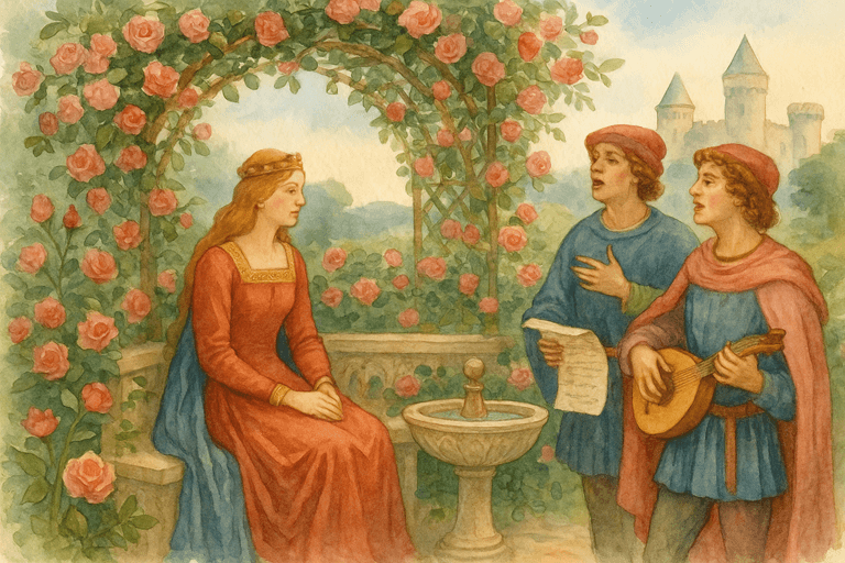 Troubadours performing before a noble lady in a medieval Provençal garden, symbolizing the birth of courtly love