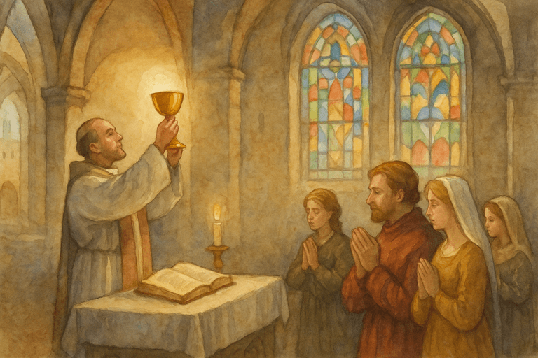 Medieval castle chapel with priest holding chalice of wine during Mass