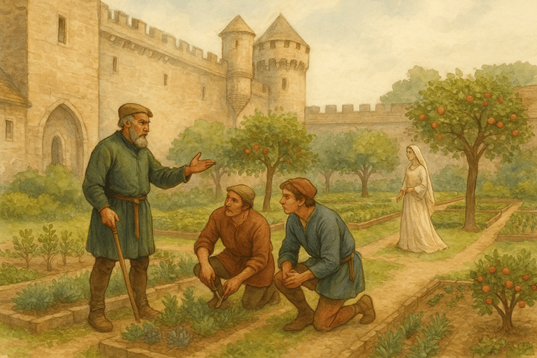 Medieval head gardener supervising assistants in the castle gardens and orchards