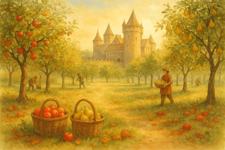 Medieval castle orchard with apple and pear trees in autumn, symbolizing abundance and castle life