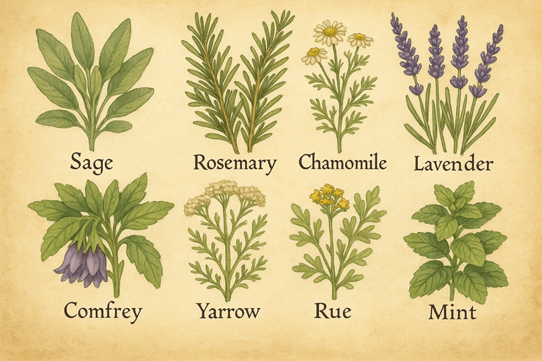 Illustration of common medieval medicinal herbs like sage, rosemary, chamomile, and lavender