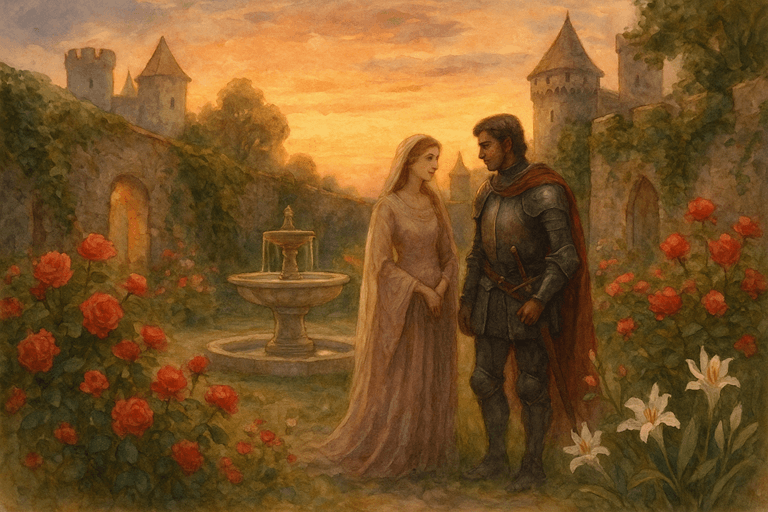 Romantic watercolor of a lady and knight meeting in a medieval castle garden at sunset surrounded by roses and ivy