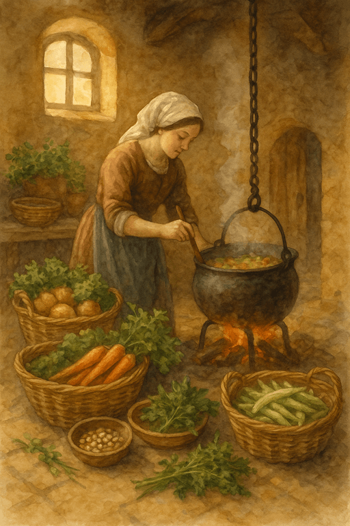 Medieval cook preparing vegetable stew with ingredients from the castle kitchen garden.