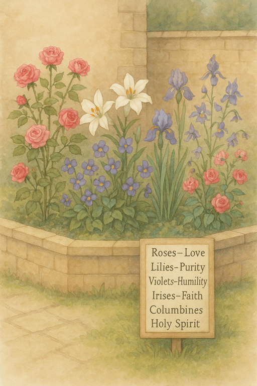 Symbolic medieval flowers—roses, lilies, violets, and irises—growing in a serene walled garden.