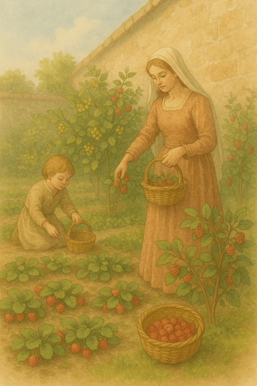 Medieval garden with strawberries, currants, and raspberries being gathered near a castle wall