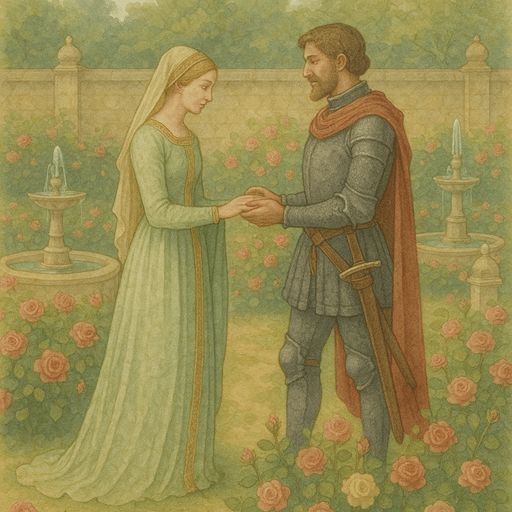 Watercolor inspired by medieval art showing lovers and sacred scenes in a walled garden, blending romance and devotion