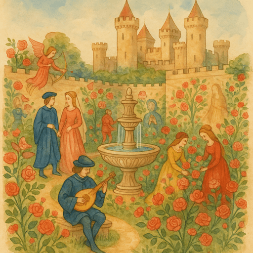 The Roman de la Rose showing nobles and musicians in a walled garden of roses and fountains, symbolizing courtly love