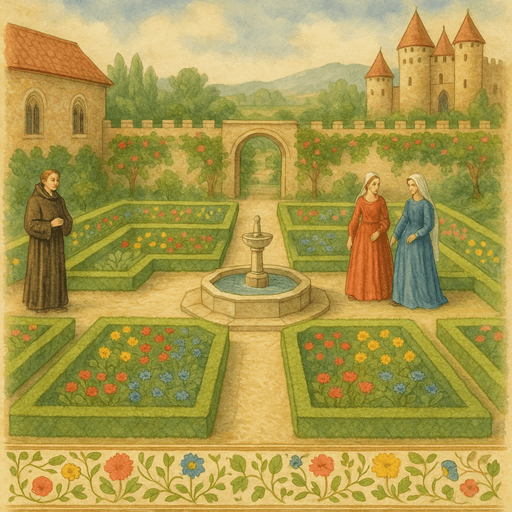 A symmetrical medieval garden with geometric paths and a central fountain symbolizing harmony and divine order