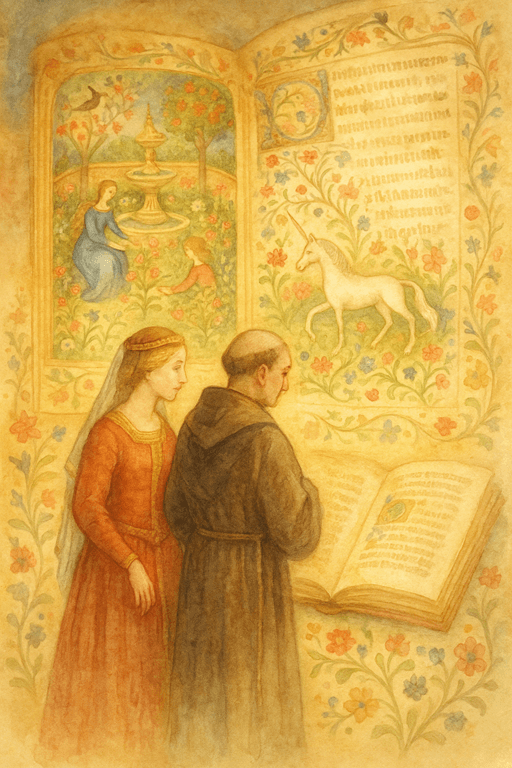 A medieval lady and monk admiring a garden tapestry blending flowers, fountains, and manuscript pages
