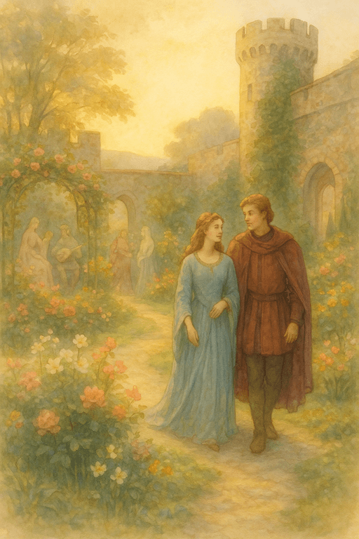 Scenes of lovers and troubadours in a medieval garden.