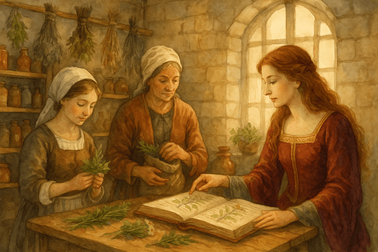 Medieval women—lady, midwife, and maid—preparing herbal remedies inside a castle stillroom.