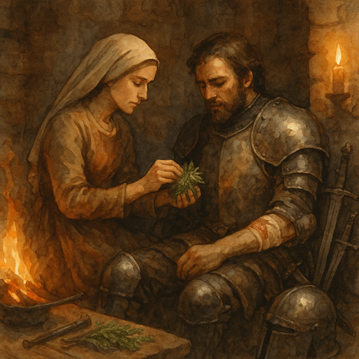 Wounded knight being treated by a castle healer. She applies an herbal poultice of yarrow and comfrey near a small fire. 