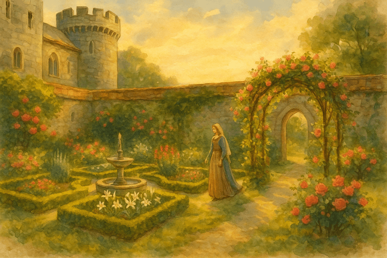 Medieval enclosed garden beside a castle, symbolizing peace, purity, and paradise behind walls