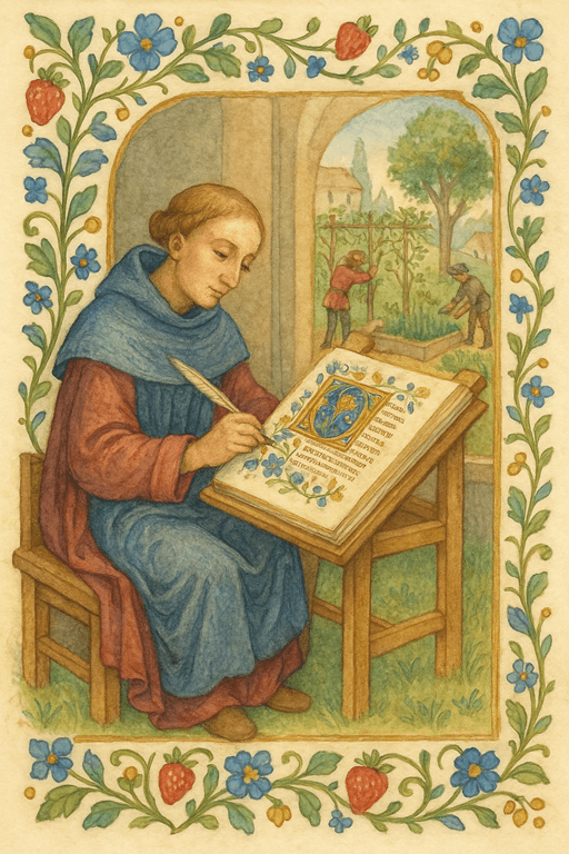 Medieval scribe painting floral borders in an illuminated manuscript while a small garden scene appears behind him.