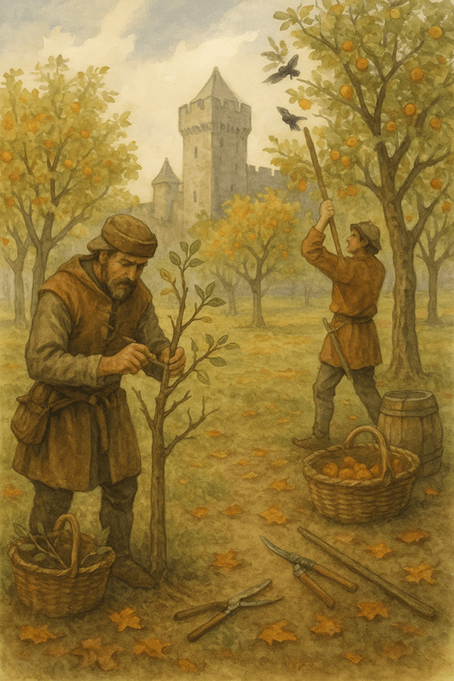 Medieval gardeners pruning and tending fruit trees near a castle orchard.