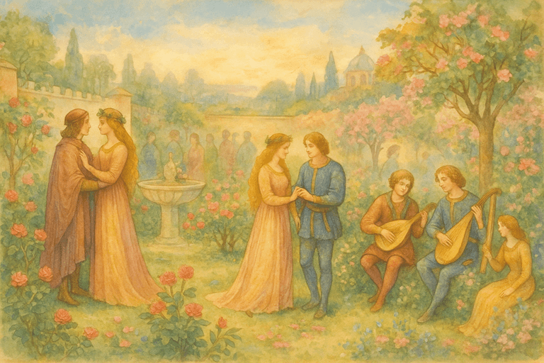 Watercolor inspired by Renaissance and medieval art showing lovers and musicians in a timeless garden of love.