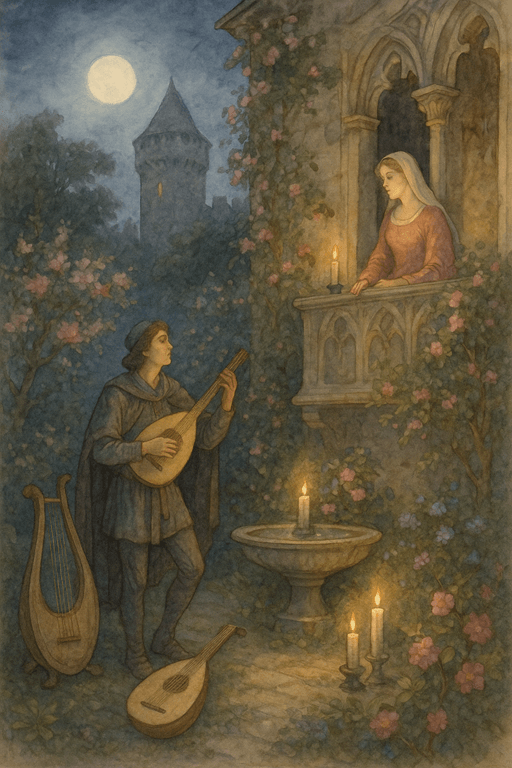 A troubadour playing music for a lady in a moonlit medieval castle garden.