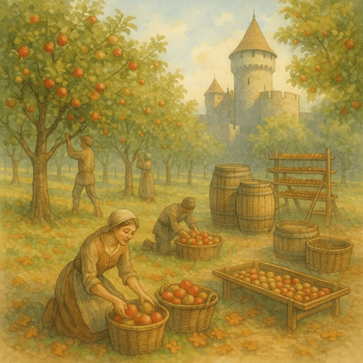 Medieval peasants harvesting apples near a castle, with cider barrels and baskets symbolizing abundance.