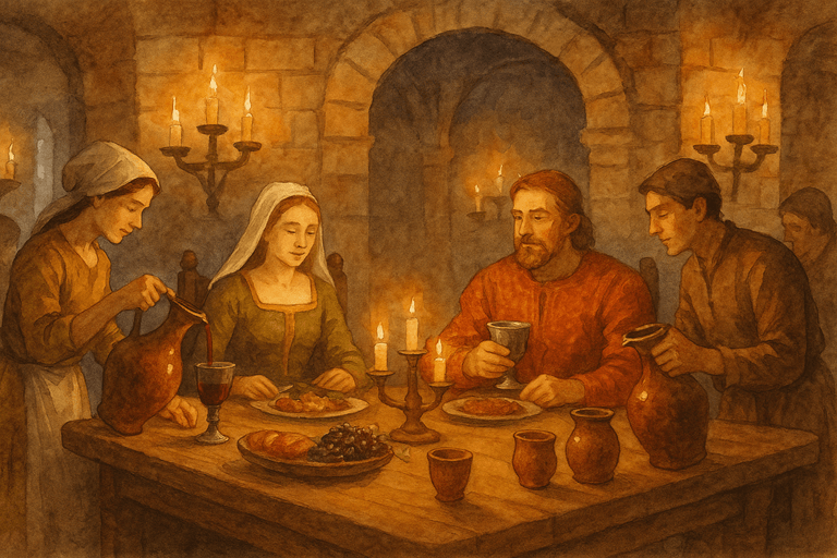 Medieval castle feast with nobles and servants drinking wine in a candlelit hall