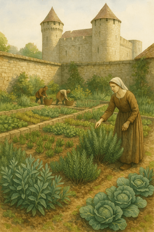 Medieval castle herb and kitchen garden with herbs and vegetables tended by servants.