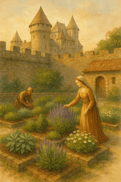 A medieval castle courtyard herb garden tended by a lady and gardener, symbolizing healing with nature