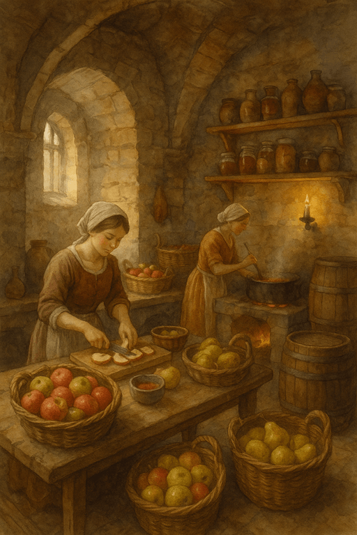 A medieval castle kitchen with servants preparing fruit preserves, cider barrels, and straw-stored apples.