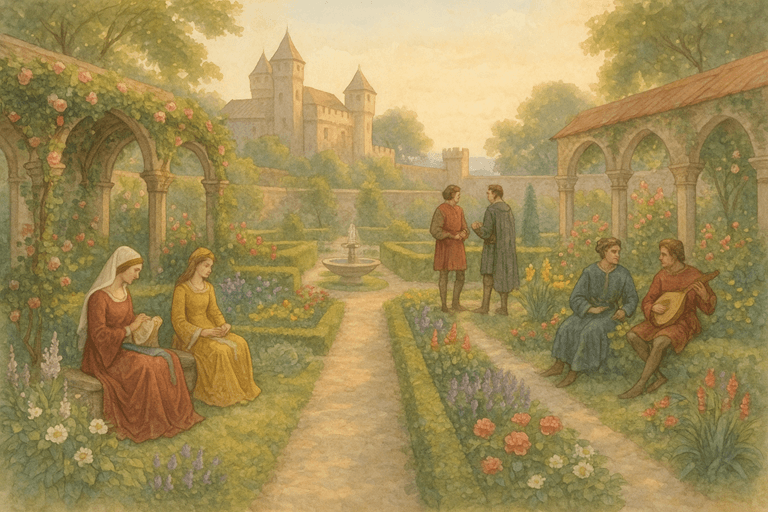 nobles enjoying leisure in a castle pleasure garden. Ladies embroider under arbors, knights converse, musicians play lutes near a small fountain.