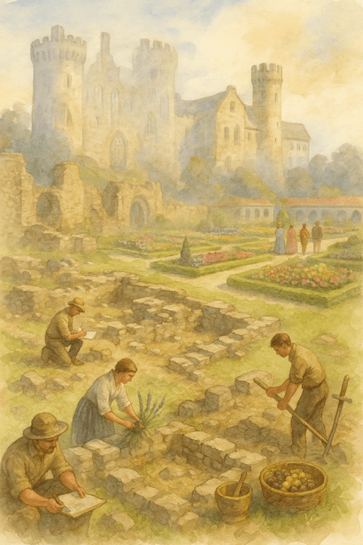Blending past and present with archaeologists studying castle ruins and modern visitors exploring reconstructed medieval gardens