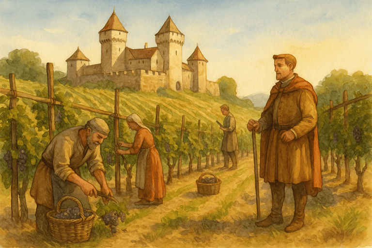 Medieval castle vineyard with peasants tending grapevines and castle towers beyond